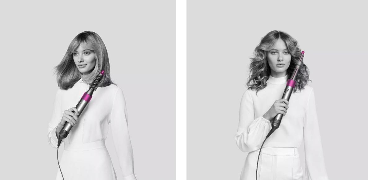 Two models using the new Dyson Airwrap styler attachments.